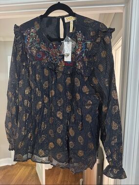 Verb Navy Sheer Blouse with Gold Metallic Dot Embroidery